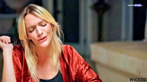 Siri Dahl emotional in red robe holding fork, Wicked Breadcrumbs Ep 3