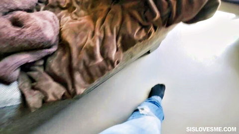 Stepsister's ripped blue jeans and black socks approaching rumpled bed teasing hardcore fuck