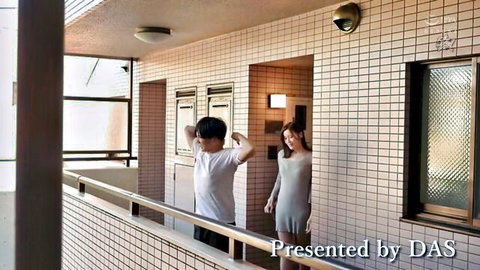 Japanese housewife in short dress peeks playfully at man on apartment balcony