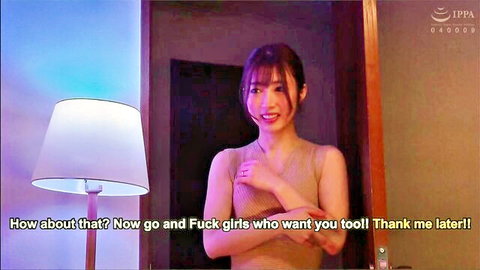 Smiling Japanese babe in low-cut top showing cleavage, JAV solo tease