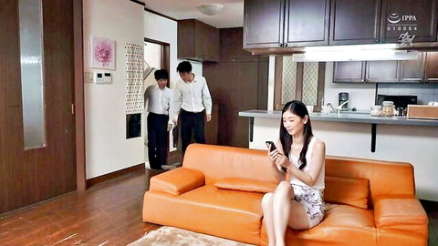 Japanese MILF in short skirt on couch, men entering room, Komatsu uncensored JAV
