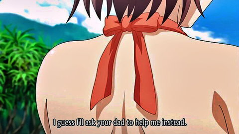 Asian schoolgirl with long hair and red ribbon, nude back view in outdoor setting