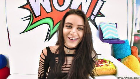 Lana Rhoades smiling in sexy black fishnet top and choker, big ass star