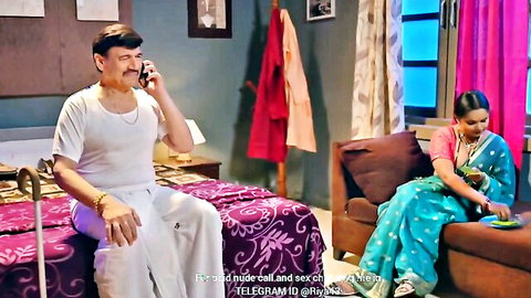 Indian old husband and sexy wife in saree on phone call, hot series scene