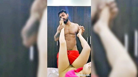 Muscular Indian man lifts slim woman's leg in explicit bedroom pose, Bongo Nari Part 2