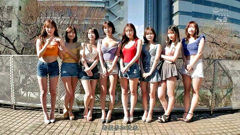 Eight sexy Japanese women in crop tops and mini skirts posing outdoors from SIS-816 JAV