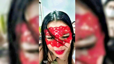 Sherly in seductive red lace mask, teasing for hot threesome