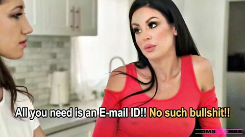 Jamie Michelle in red top chats with Maya Woulfe in kitchen, teasing adult scene