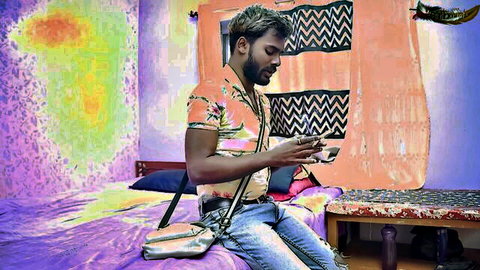 Indian man in floral shirt sitting on bed checking phone, kinky stepson vibe