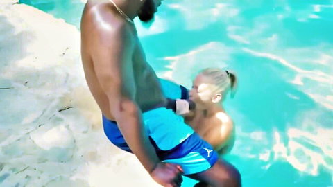 Blonde hotwife giving outdoor blowjob to BBC by pool