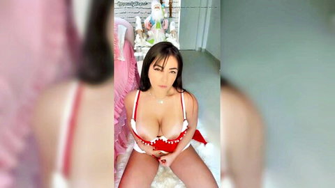 Latina Santa babe in sexy red lingerie teases with big tits and curves
