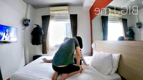 Asian girl fucked doggy style by guy on hotel bed with mirror reflection POV