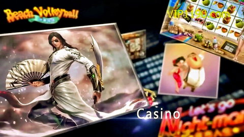 Anime warrior in white robes holds fan and sword on beach volleyball casino promo collage