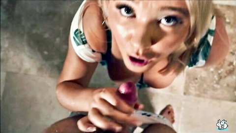 Blonde natural tits babe giving intense POV blowjob in amateur creampie scene