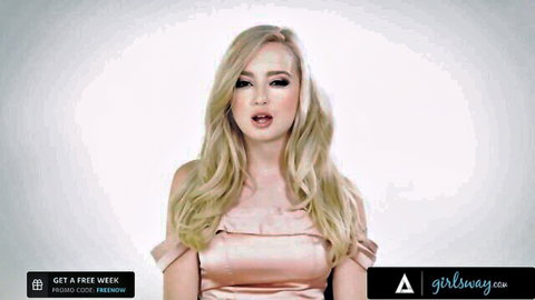 Blonde Harmony Wonder in sexy off-shoulder pink dress, Girlsway promo