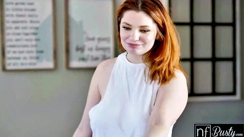 Busty redhead Annabel Redd seduces in tight white halter top