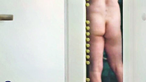 Tom XXXL nude rear view, huge hanging cock visible in doorway