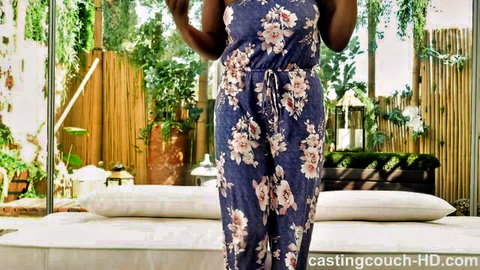Ebony with big naturals in floral jumpsuit for porn casting