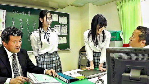 Anime-style Japanese schoolgirls in uniforms with suited teachers in classroom