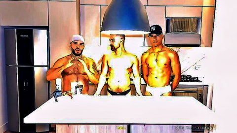 Jay Alexander and two muscular friends posing shirtless in underwear