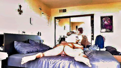 Nude muscular gay men in anal sex position on satin bed with big erect cock and mirror reflection