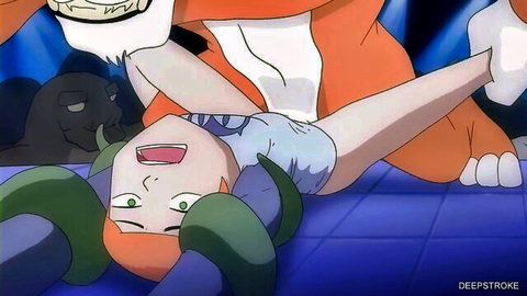 Orange-haired anime girl with green tentacles gets shaved pussy fucked by huge orange furry monster cock in Pokemon parody.