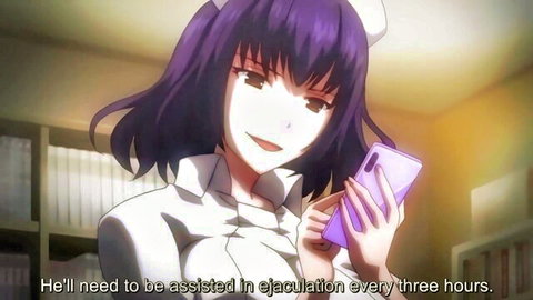 Busty purple-haired nurse in uniform smiles while holding phone in medical scene