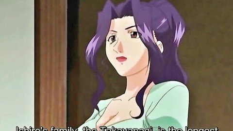 Busty purple-haired hentai mom in low-cut green top showing deep cleavage