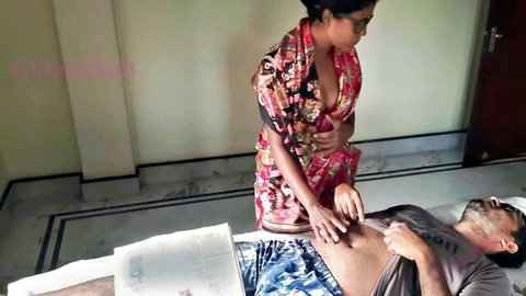 Girlnexthot1 as obedient Indian maid in desi sadomasochism scene, touching man's abdomen