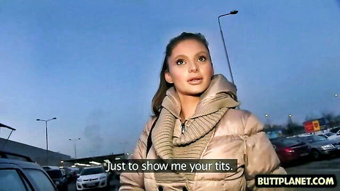 Brunette babe in puffer jacket flashing tits outdoors at night