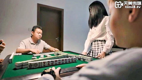 Asian schoolgirl in uniform plays Mahjong with men, teasing setup