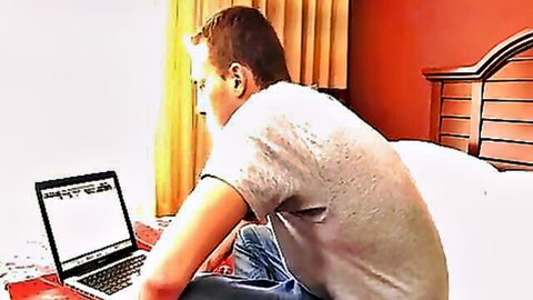 Jock husband cheating with twink dude on laptop