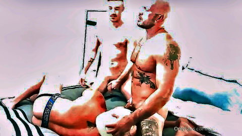 Nick Cranston in gay orgy threesome with muscular tattooed men, explicit action