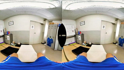 POV view of man in blue swimsuit legs spread in room, VR style
