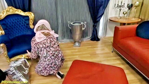 Blonde stepmom in pink floral dress and hat kneeling for rough fisting POV