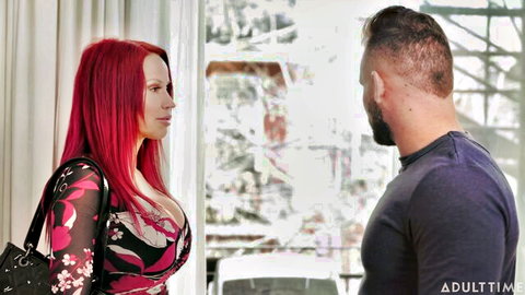 Bianca Beauchamp as busty redhead in floral dress seducing man