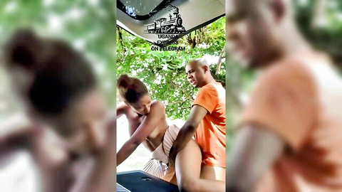 Bald ebony guy fucks busty brunette housewife doggy style in car from behind