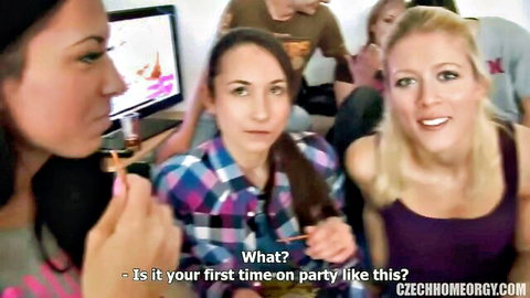 Amateur Czech girls at home orgy party, first time excitement