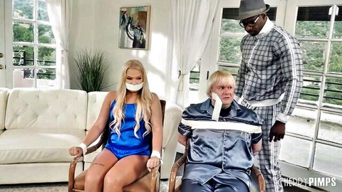 Harley King bound and gagged in blue lingerie with older man and Black pimp