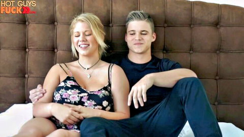 Stacy Perkins blonde in floral top cuddles hot guy on bed, sibling sex tease