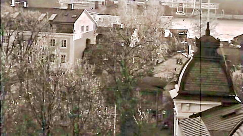 Vintage outdoor scene of old Swedish buildings and trees, sepia tone