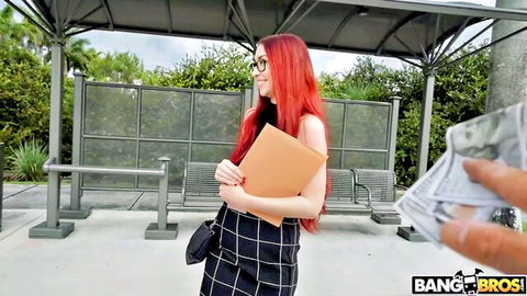 Redhead teacher Leo Babe in plaid skirt at bus stop, offered cash by Jax Slayher