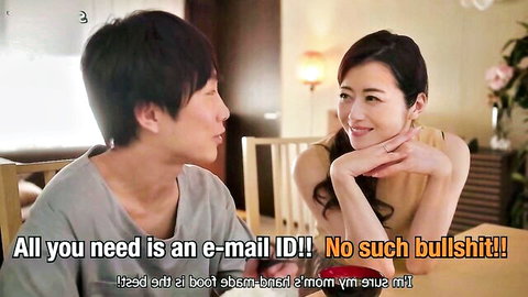 Japanese MILF stepmom smiles seductively at stepson while chatting at table