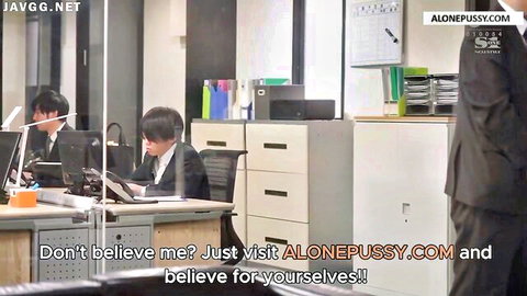 Suited Japanese men working in modern office previewing hardcore Asian secretary sex on ALONEPUSSY
