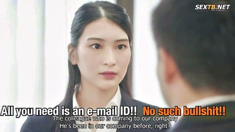 Long-haired Asian office woman in white blouse talking with subtitles and SEXTVB.NET watermark