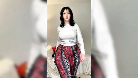 Curvy brunette PAWG teasing huge ass in tight patterned pants and white top