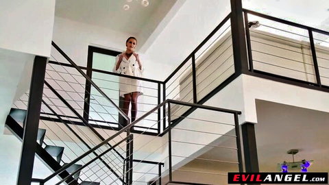 Emma Hix in sexy white dress, standing on balcony for hardcore anal compilation