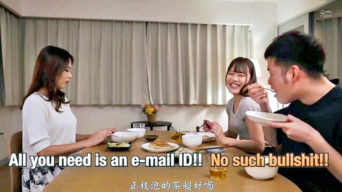 Asian JAV scene with girlfriend and elder sister eating at table