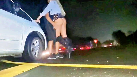 Blonde babe bent over car gets raw anal slam from stud roadside