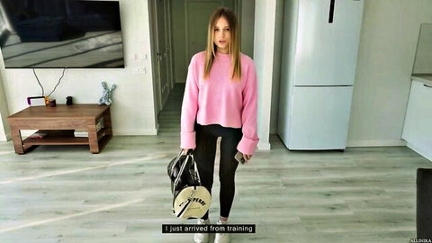 Allinika arrives home from training in pink sweater and leggings, ready for steamy step-sis massage